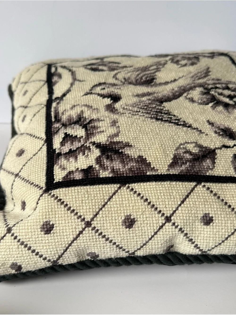 Vintage Bird Lattice Floral Square Needlepoint Decorative Pillow 15x15 in. #2